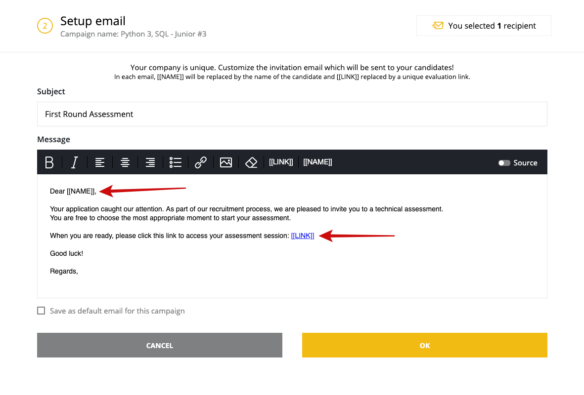 The "setup email" screen is shown with an arrow pointing towards the "name" and "link" template variables.