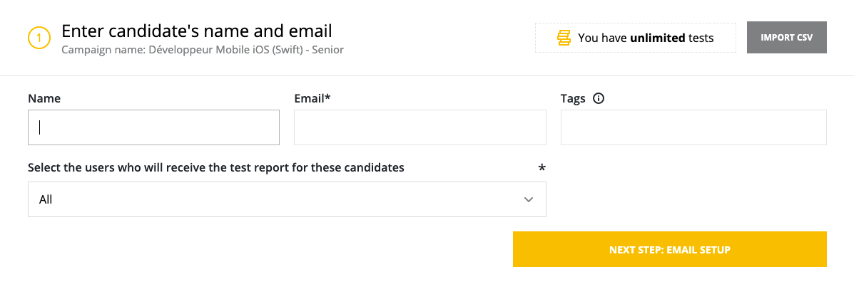 La fenêtre "Envoyer le rapport de résultats des candidats" s'affiche avec les champs nom, email, tags et "sélectionner les utilisateurs qui recevront le rapport de test pour ces candidats".