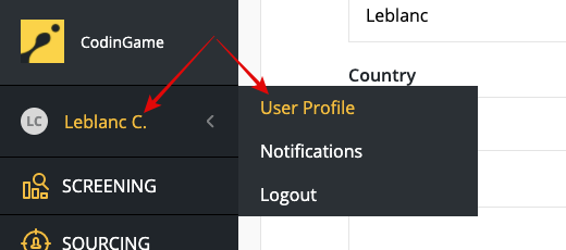 An arrow pointing to a user name and another arrow point to the profile drop down with the "user profile" option highlighted. 