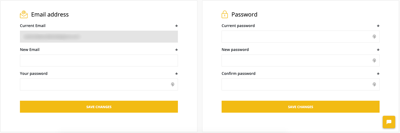 Email address window shown on the left with current email, new email, and your password fields displayed. password window on the right with current password, new password, and confirm password fields displayed. 