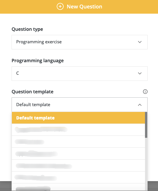 New question modal with a question type of programming exercise and a programming language filed with "C" selected and a "question template" field displayed.