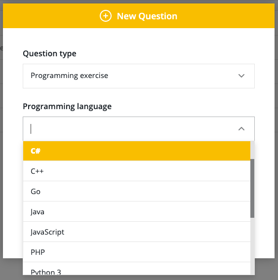 New question modal with a question type of programming exercise and a programming language dropdown open with multiple languages.