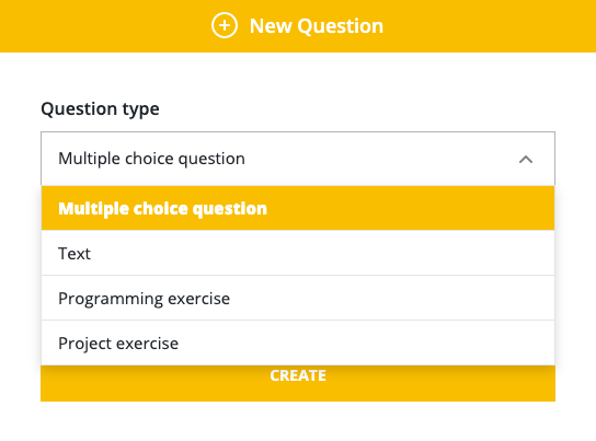 New question modal with a list of the different question types open.