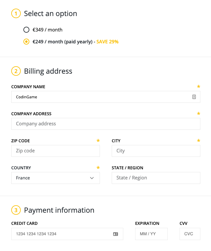 The payment screen which include the steps 1) select an option, 2) billing address, and 3) payment information.