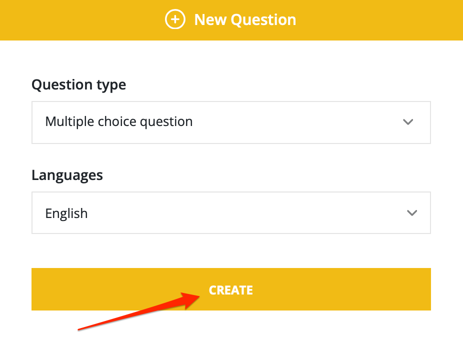 New question modal with "multiple choice question" type selected and "english" language selected. There's an arrow pointing to the "Create" button.