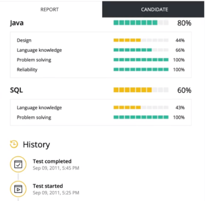 The report tab got a candidate test is shown. It's broken down between Java results and SQL results. The test history for the candidate is below that. 