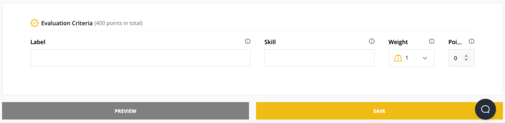 Evaluation criteria section with label, skill, weight, and points fields displayed.