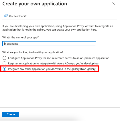 Create your own application window open, the "integrate any other application you don't find in the gallery (non-gallery)" option is highlighted.