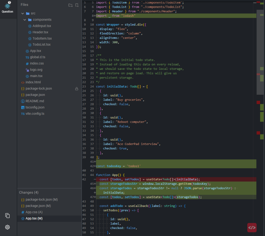 This image is a screenshot of a CoderPad environment displaying a TypeScript file, App.tsx, with lines of code related to a todo app. On the left is a file explorer showing the project structure, including folders and files such as components, index.css, and package.json. The main code window shows an imported package from lodash, styled components for a wrapper, and initialization of a todo list state with sample tasks like "Buy groceries" and "Reboot computer". Changes are tracked with color highlights in the code editor.