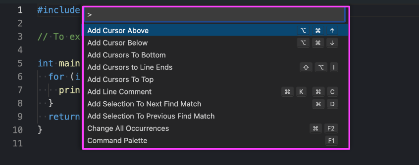 The command palette dropdown is shown with the "Add cursor above" menu item highlighted.