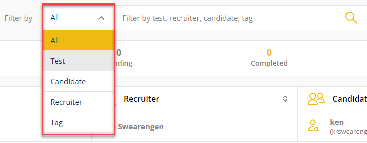 The filter by dropdown shown with all, test, candidate, recruiter, and tag menu options shown.