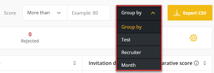 L'option "group by" s'affiche avec les options de test, de recruteur et de mois.