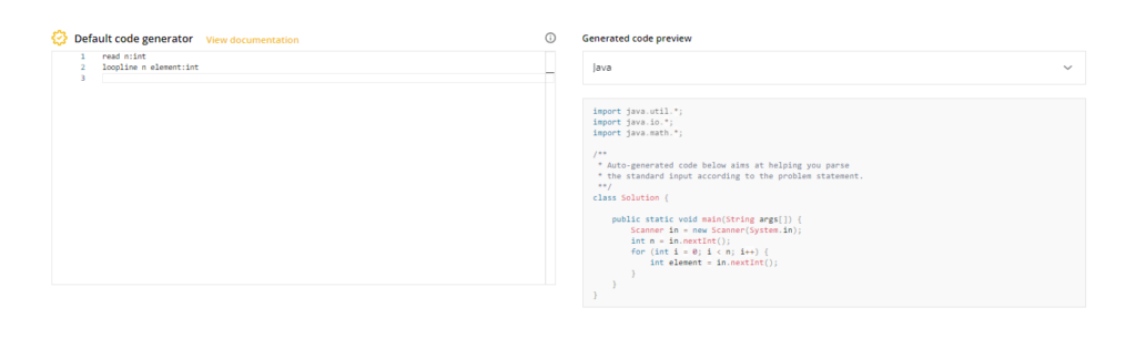 Default code generator. On the left is the special default code language and on the right is the selected language and the translated code.