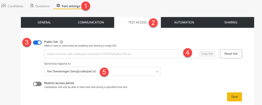 The test settings page is shown with a #1 next to the test settings tab at the top of the screen. There is a #2 next to the test access tab, a #3 next to the "enable link" toggle, a #4 next to the text are where you can copy the link, and a #5 next to the "select the users who should receive the test report" dropdown.