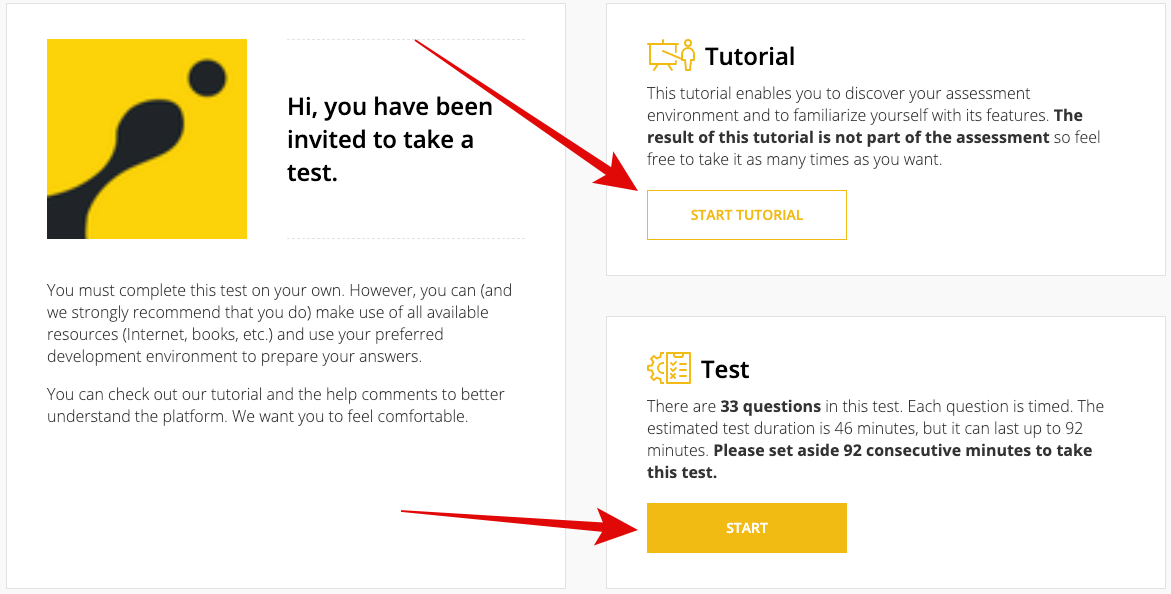 Screen tutorial page with the options to start tutorial or start the test.