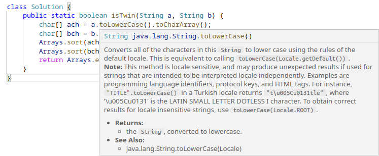 Un exemple d'aide contextuelle avec une explication de la méthode java toLowerCase().