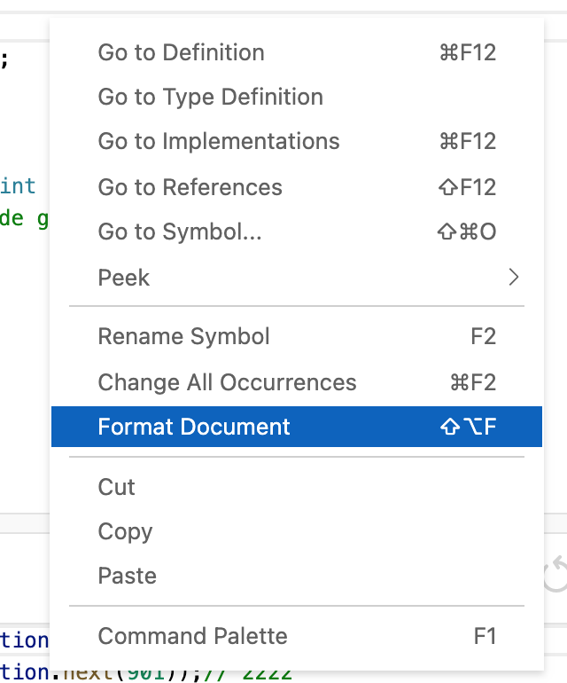 Le menu du clic droit de l'IDE avec l'élément "Format Document" en surbrillance.