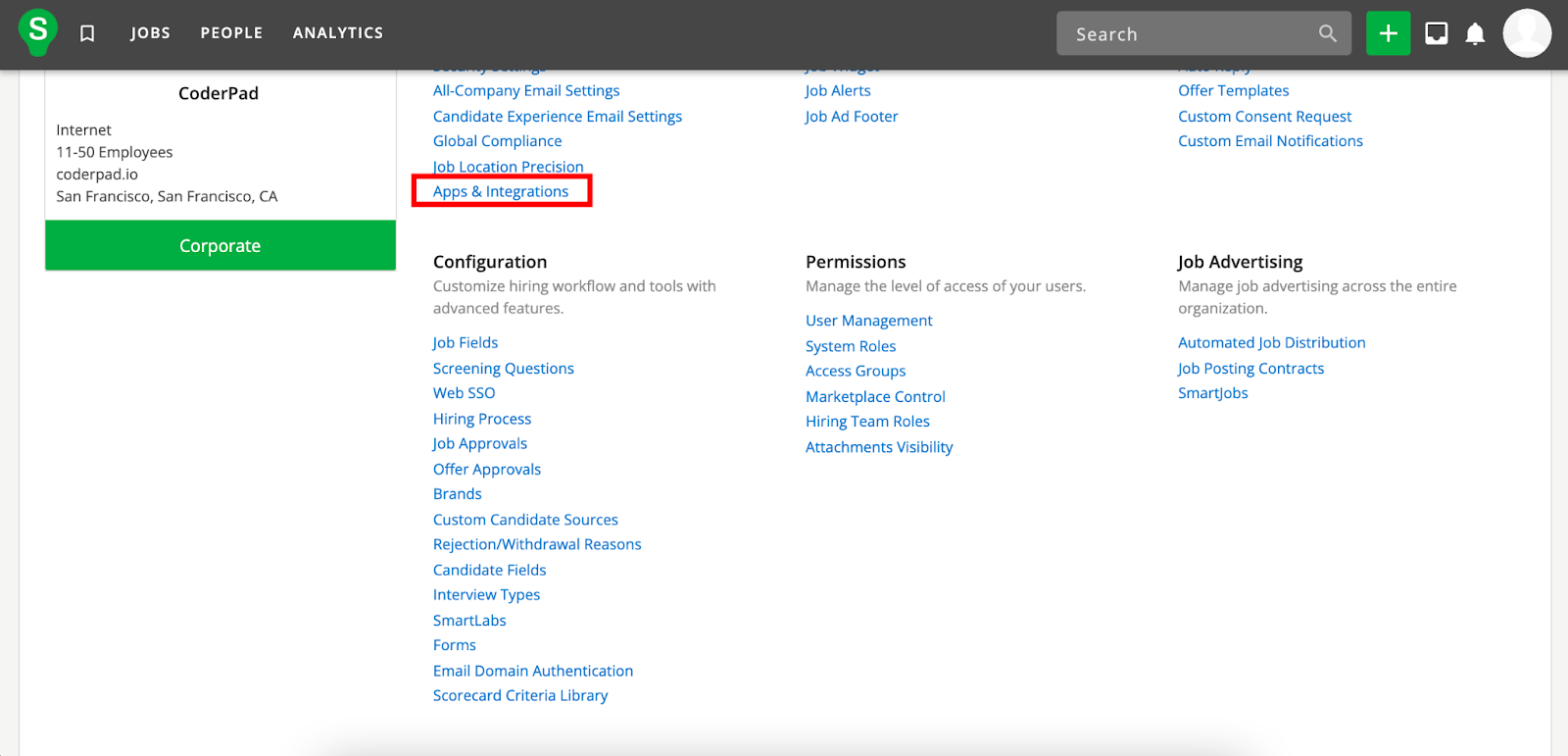 The "apps & integration" link is highlighted on the settings/admin page.