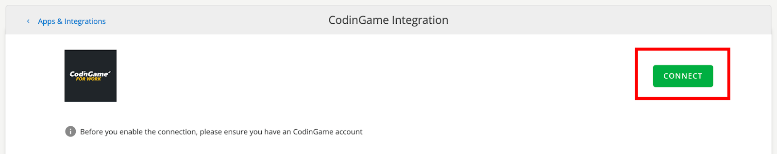 The codingame integration page in smartrecruiters is shown with the "connect" button on the right highlighted.