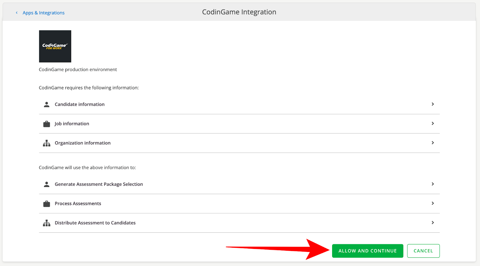 The codingame integration page in smartrecruiters is shown with an arrow pointing to "allow and continue".