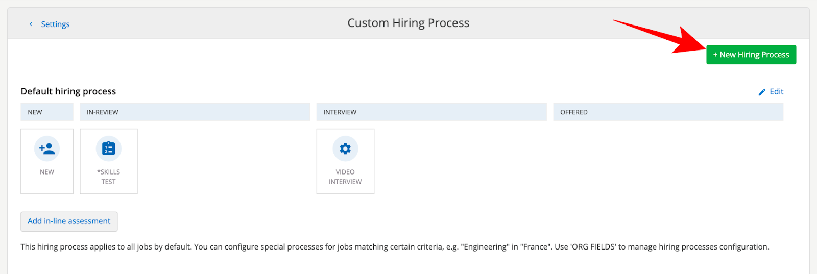 The custom hiring process screen with an arrow pointing towards "new hiring process" button.