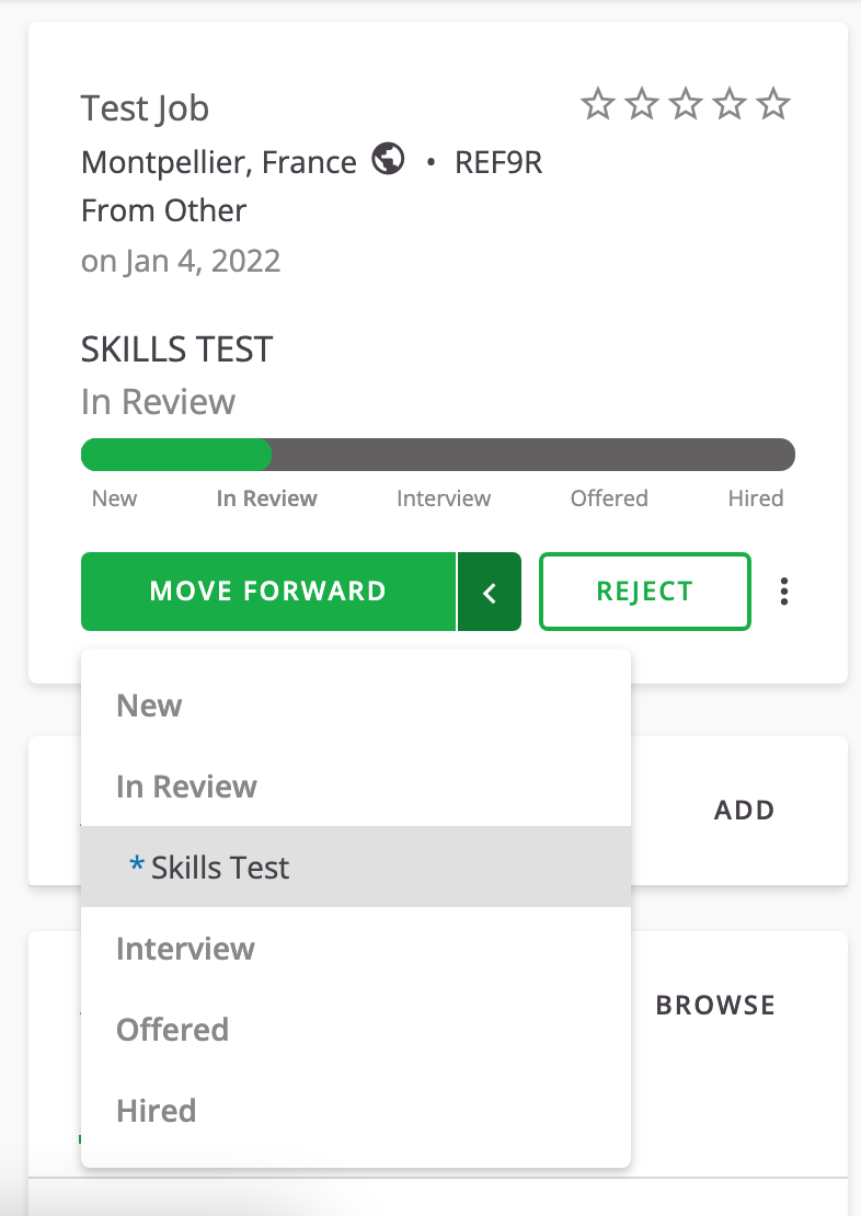 A candidate status window where a status dropdown has the "In Review > skills test" item highlighted.
