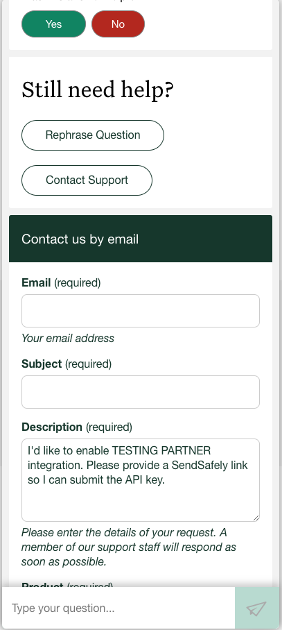 The contact form for greenhouse is displayed with the Description field filled out as "i'd like to enable a TESTING PARTNER integration. Please provide a sendsafely link so i can submit the api key."