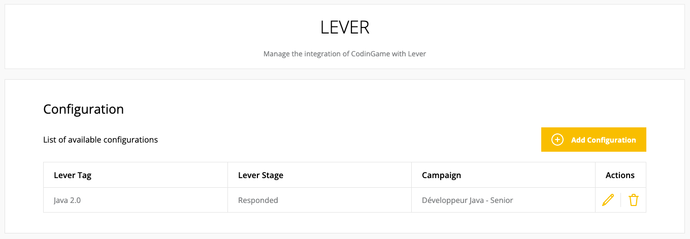Configuration section shown with the a new configuration row. The columns listed are lever tag, lever stage, campaign (test), and actions.