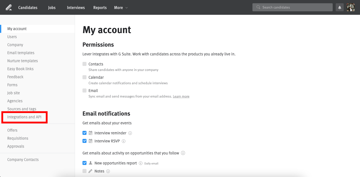 "My account" page shown with "integrations and api" link highlighted in the left nav.