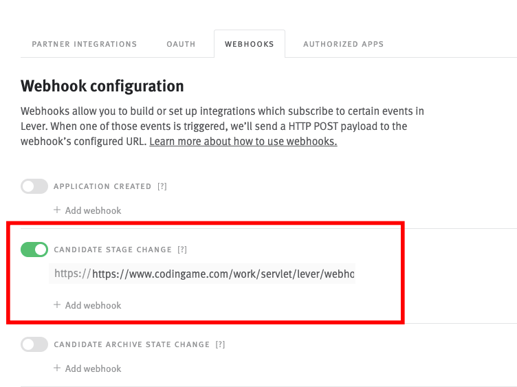 webhook configuration section shown with "candidate stage change" toggle enabled and a codingame url entered for the webhook address. The toggle and url are highlighted.