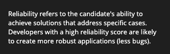 Reliability refers to the candidate's ability to achieve solutions that address specific cases. Developers with a high reliability score are likely to create more robust applications (less bugs).