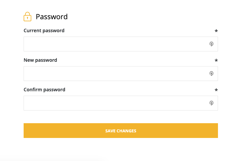password window with the current password, new password, and confirm password fields.