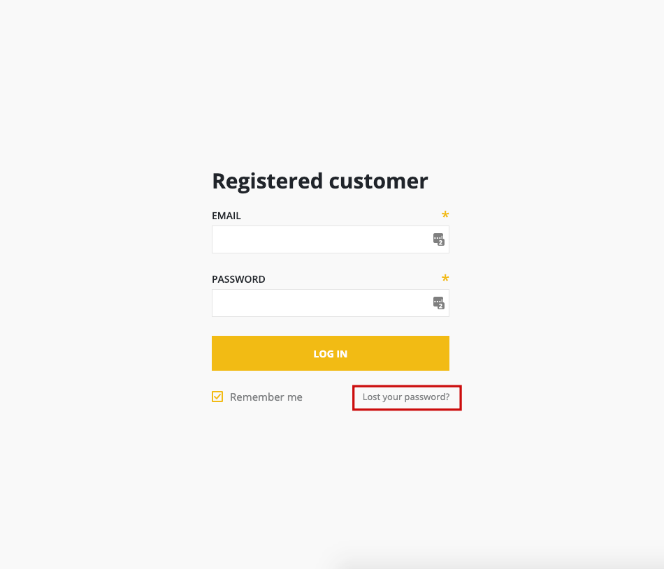 Registered customer modal with email and password fields up top and a "lost your password?" link in the bottom right corner of the window.