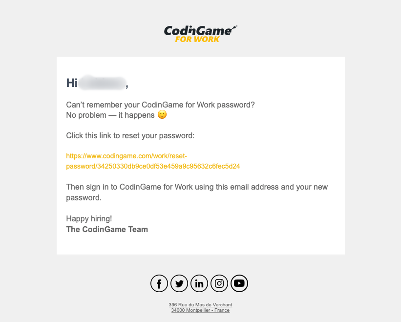 Codingame password reset email with a link to reset the password.