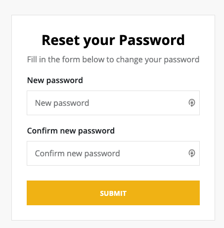 Reset your password window with new password and confirm new password fields displayed. 