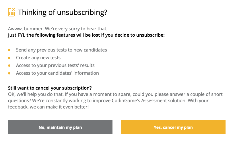 Unsubscribe verification page with a "thinking of unsubscribing" title and two buttons displayed: "No, maintain my plan" and "yes, cancel my plan".