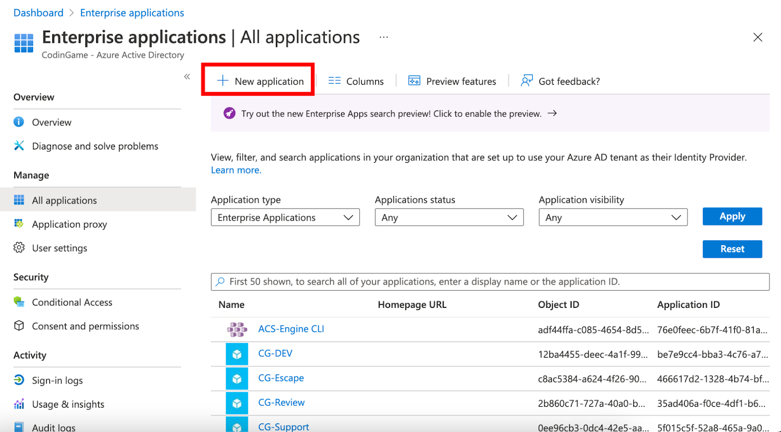 Applications page with "new application" button at top center of the page highlighted.
