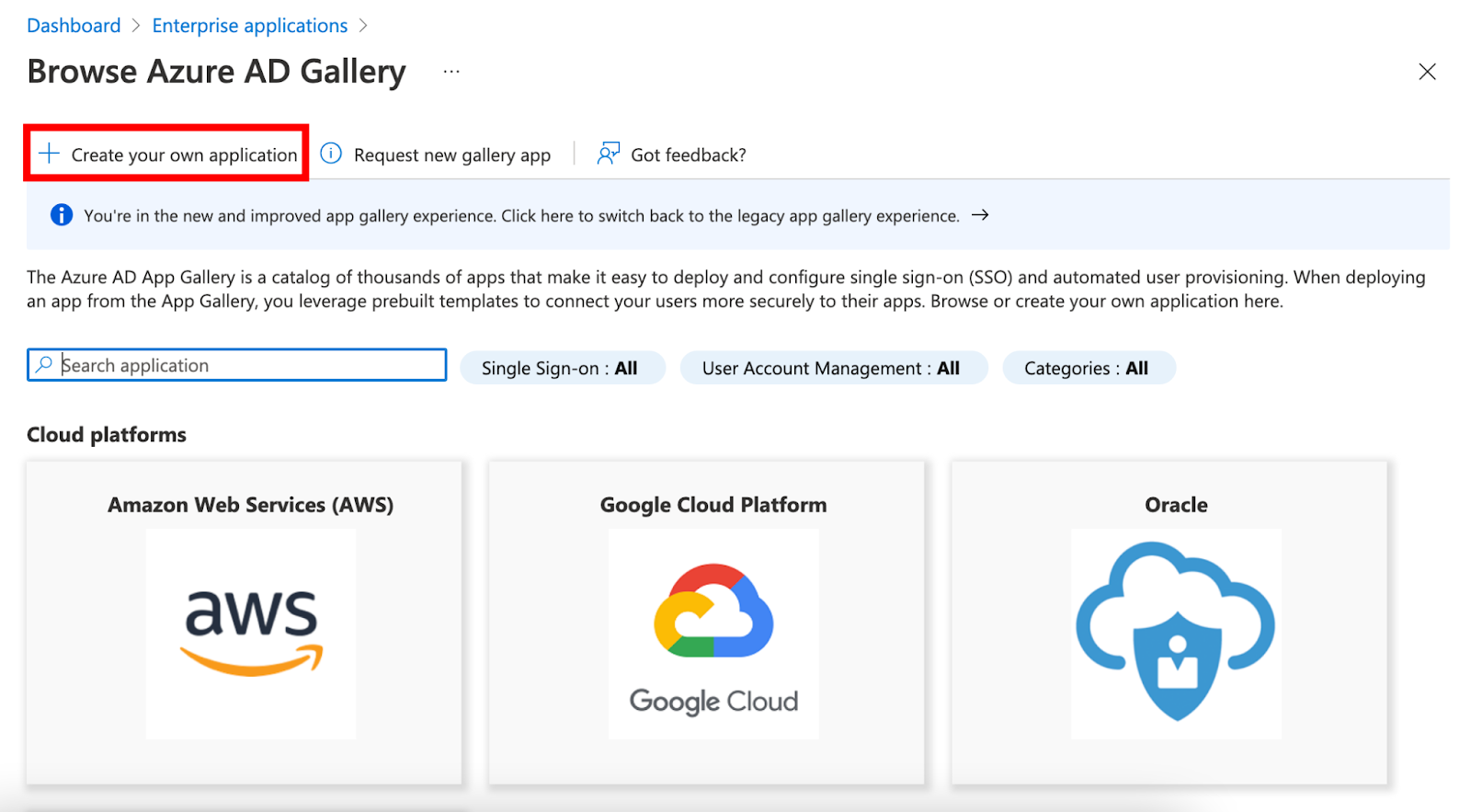 Azure AD gallery page with "create your own application" button highlighted.