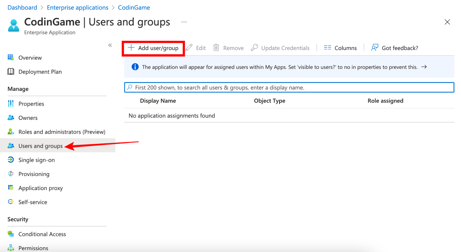 The "users and groups" page is shown with an arrow pointing to "users and groups" link in the left nav. At the top center of the screen the "Add user/group" button is highlighted.