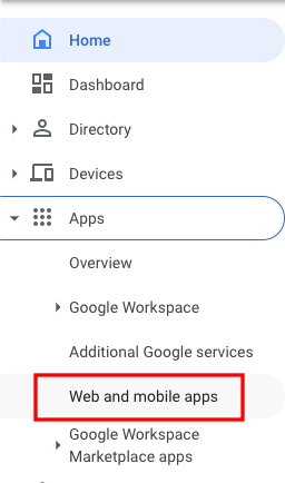 The apps menu has been expanded and the "web and mobile apps" sub-item is highlighted.