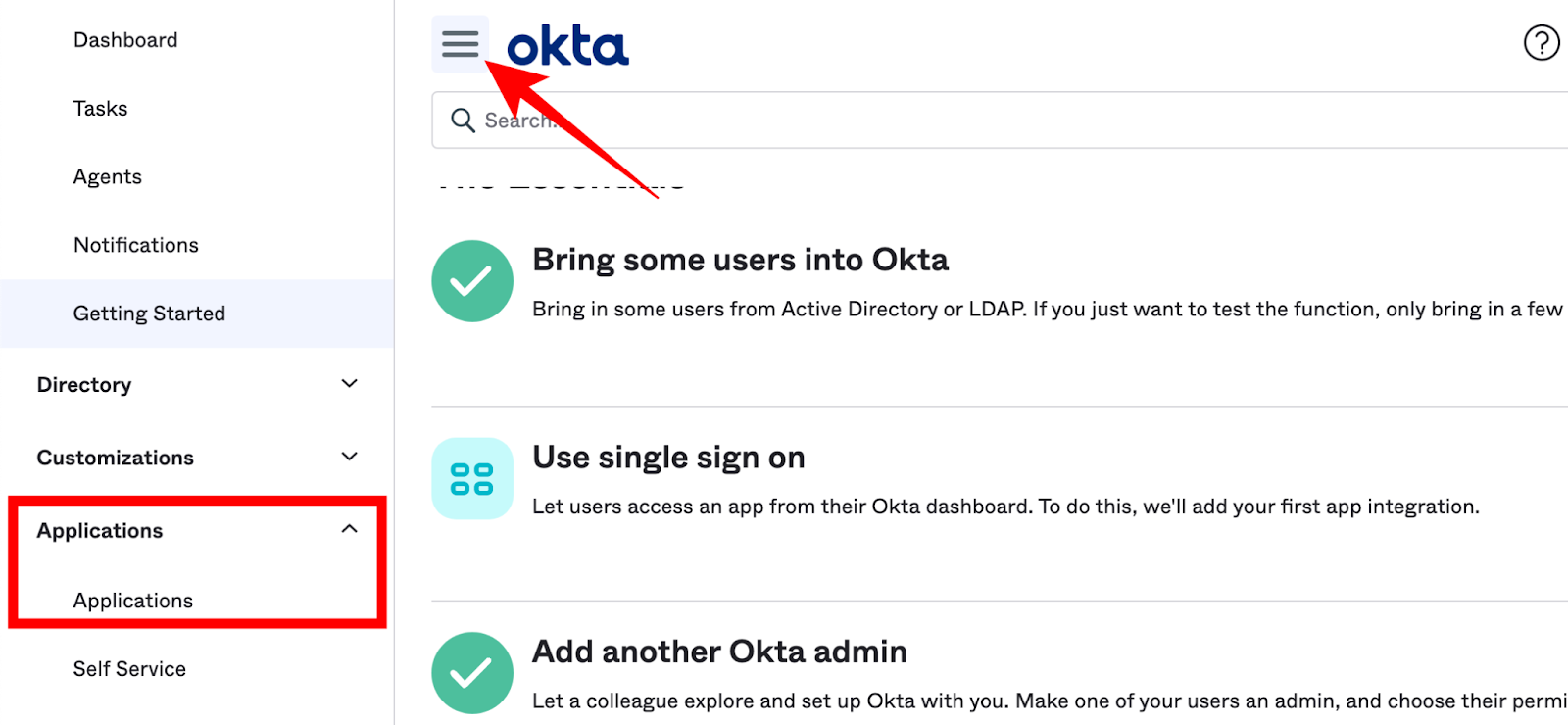 The "Applications" item in the left nav is highlighted and there is an arrow pointing to the hamburger menu item next to the "okta" logo.