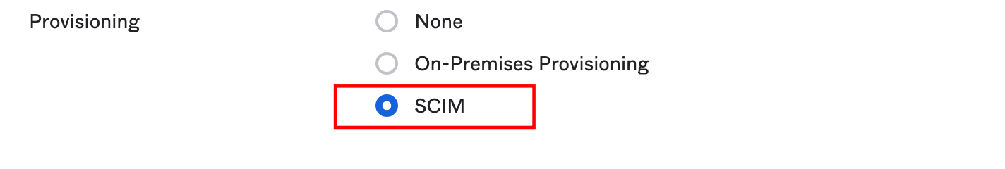 Dans la section de provisionnement, l'option "SCIM" est sélectionnée et mise en évidence. 