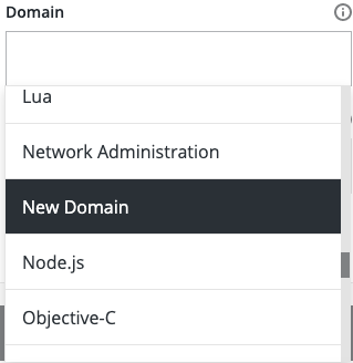 A domain dropdown list with a newly created domain displayed.