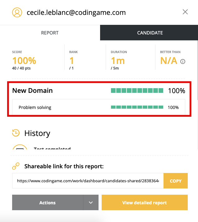 A candidate results report showing the results of the testing in the new domain.