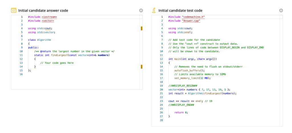 Initial candidate answer code box on the left, and initial candidate test code box on the right. 
