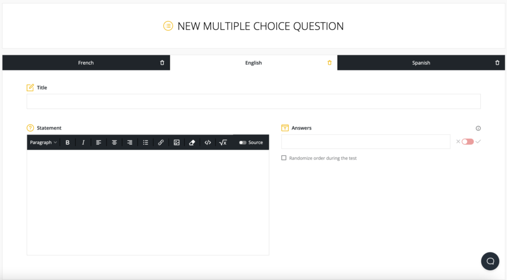 Multipl choice question translation screen with "English" tab opened and title, statement, and answers fields displayed.