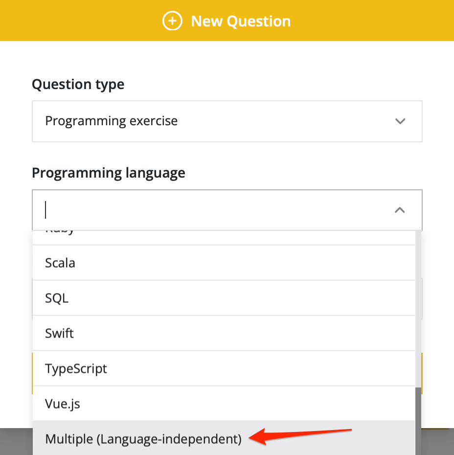 New question modal with "Multiple (language-independent)" option selected in the programming language drop down.