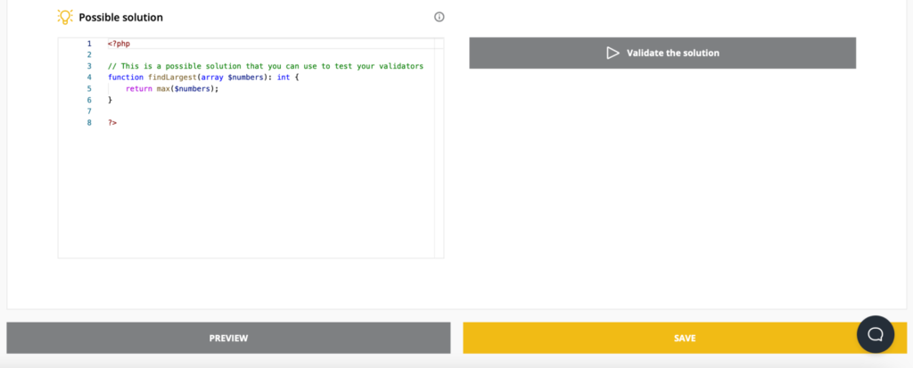 Possible solution section with code box on the left and a "validate the solution" button on the right. 