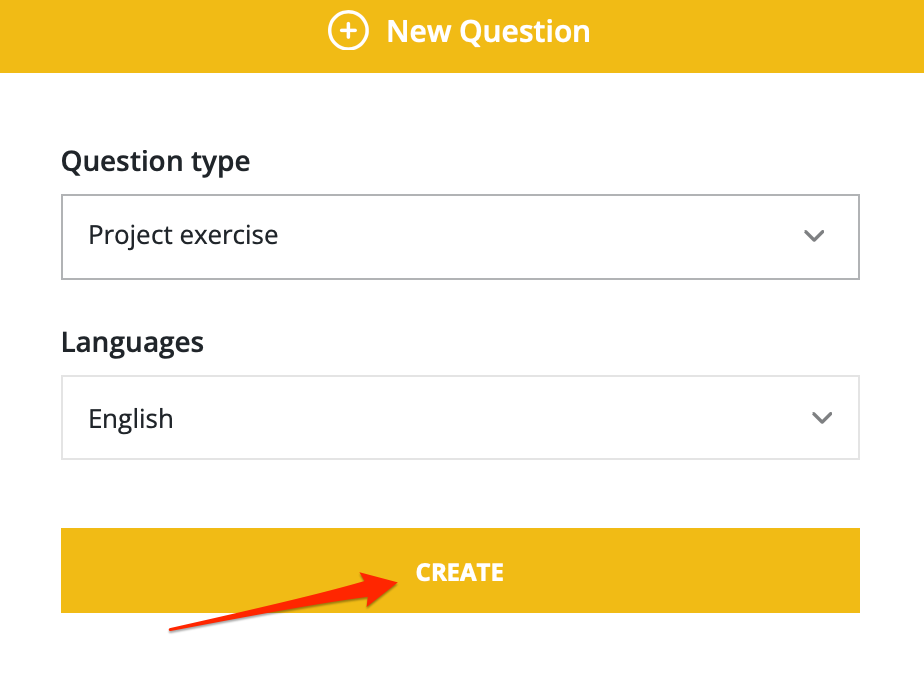 New question modal with "project exercise" question type selected and an arrow pointing towards the "Create" button.