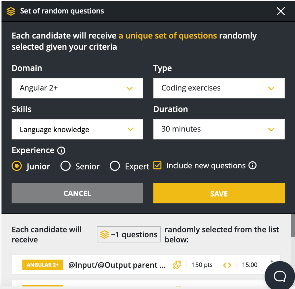 Une capture d'écran de la fenêtre "ensemble de questions aléatoires" avec les options Domaine, Type, Compétences, Durée et Expérience affichées.